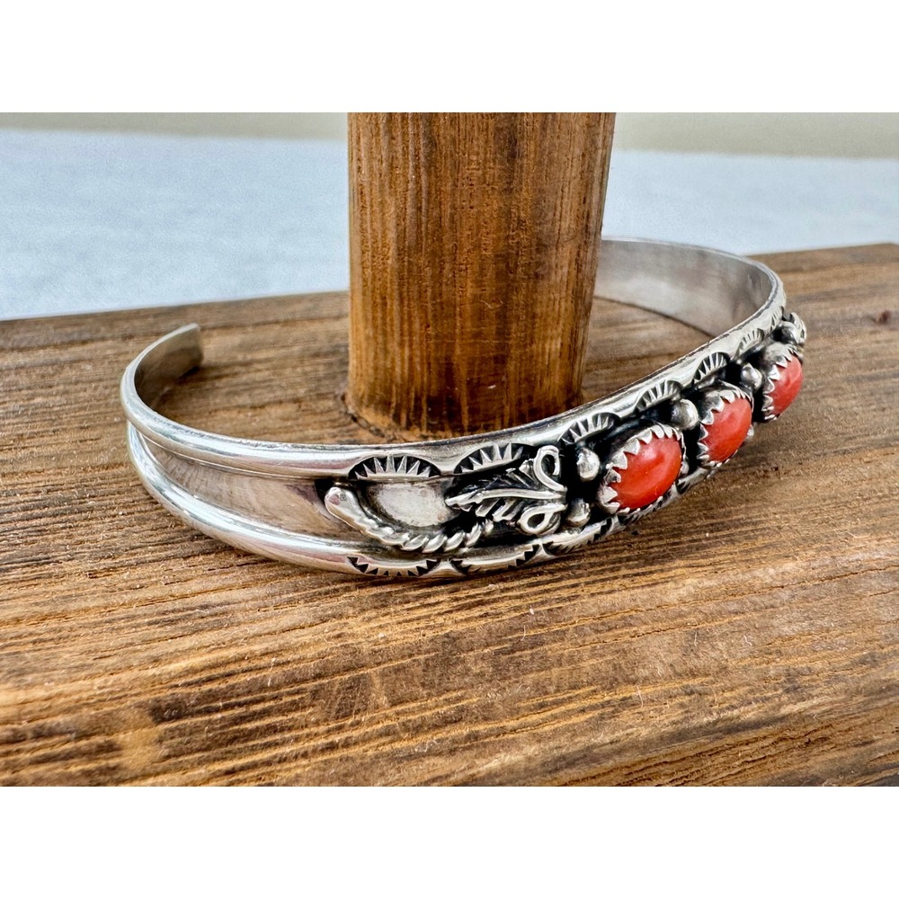 Southwestern Sterling Silver Red Coral Leaf Cuff Bracelet Stamped S Sterling - Picture 6 of 8